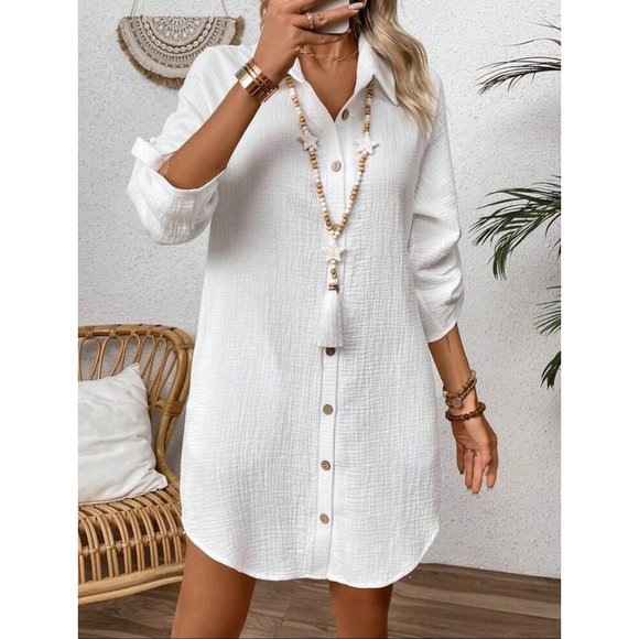Button down casual Boho shirt dress white semi sheer - Picture 3 of 3